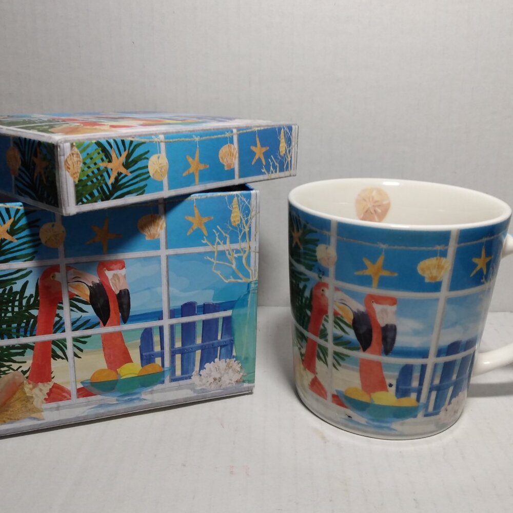 Two Can Art Flamingos Coffee Mug Bone China ~ New With Box